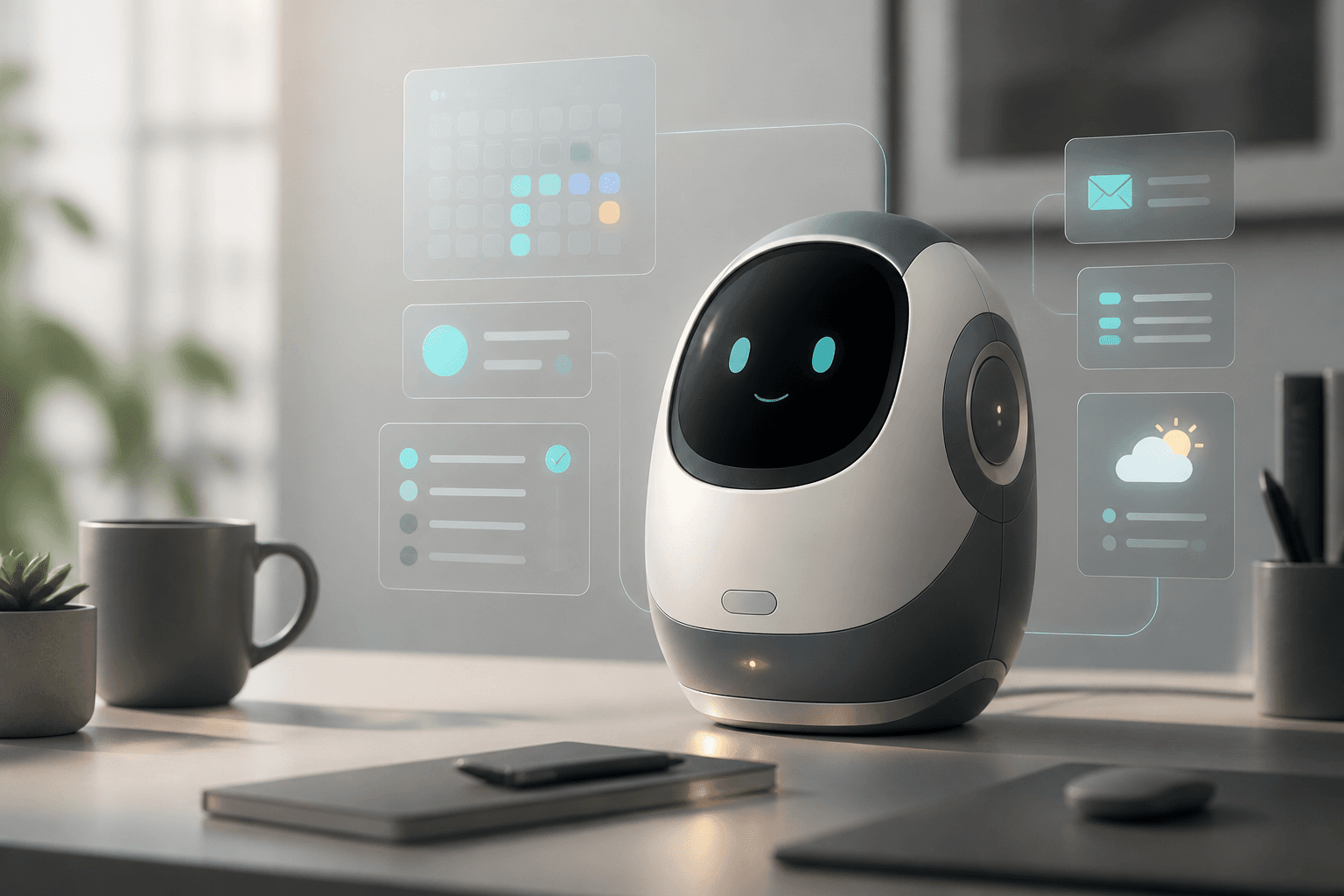 Robot de Matino en un escriptori amb panells d'agenda, correu, tasques i temps